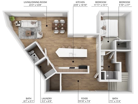 Floor plan for 2 beds, 2.5 baths, 1540 sqft